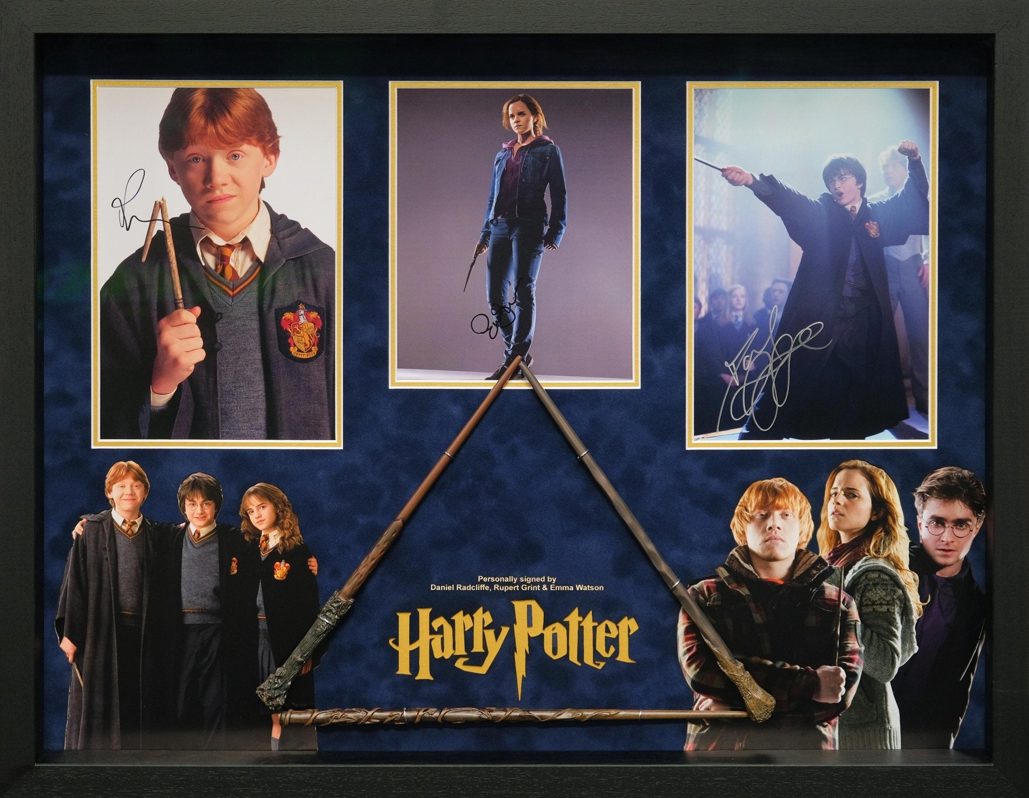 Harry Potter Triple Signed Framed Display with Wand - Memorabilia Framers Shop